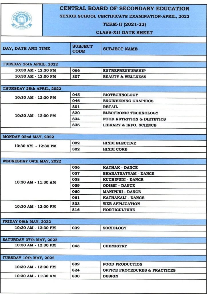 CBSE Class 12th Date Sheet, Term 2 Time Table