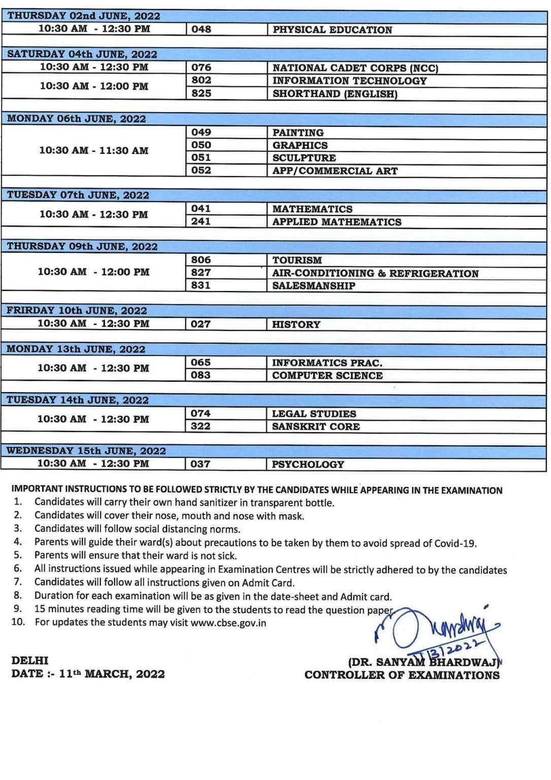 CBSE Class 12th Date Sheet, Term 2 Time Table