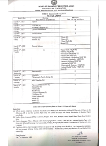 Assam SEBA HSLC Exam Routine 2023, Class 10th Time Table